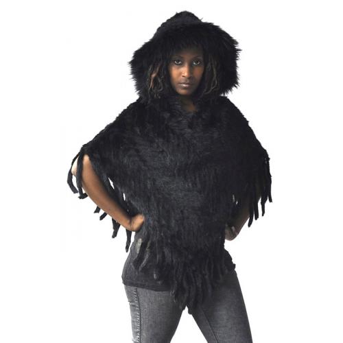 Winter Fur Ladies Black Genuine Knitted Mink Poncho With Hood W09K05
